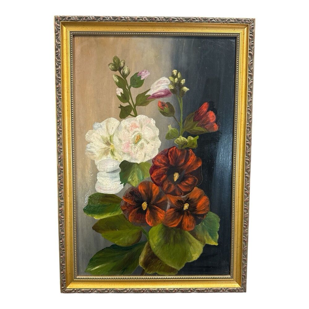 Vintage Original Still Life Oil Painting on Board Floral Moody Framed 20" x 14"
